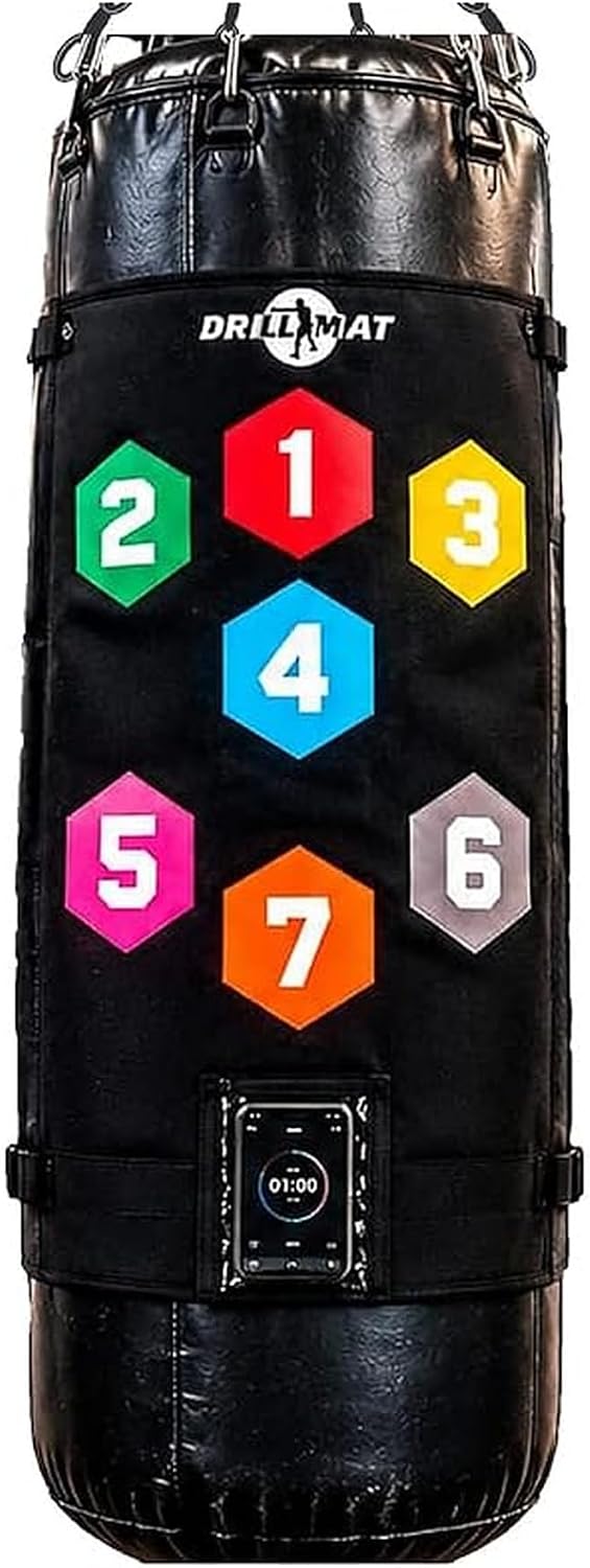 The Drill Mat fitted to a black punch bag, showing seven numbered hexagon strike zones